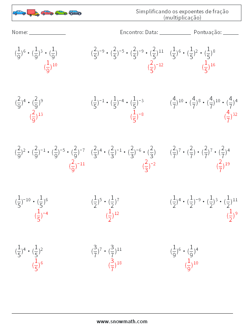 Simplificando os expoentes de fração (multiplicação) planilhas matemáticas 2 Pergunta, Resposta