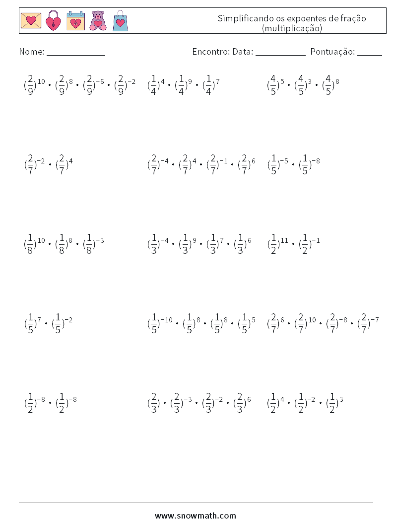 Simplificando os expoentes de fração (multiplicação) planilhas matemáticas 3