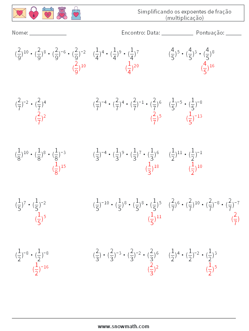 Simplificando os expoentes de fração (multiplicação) planilhas matemáticas 3 Pergunta, Resposta