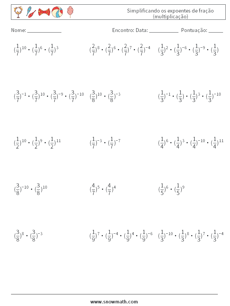 Simplificando os expoentes de fração (multiplicação) planilhas matemáticas 4