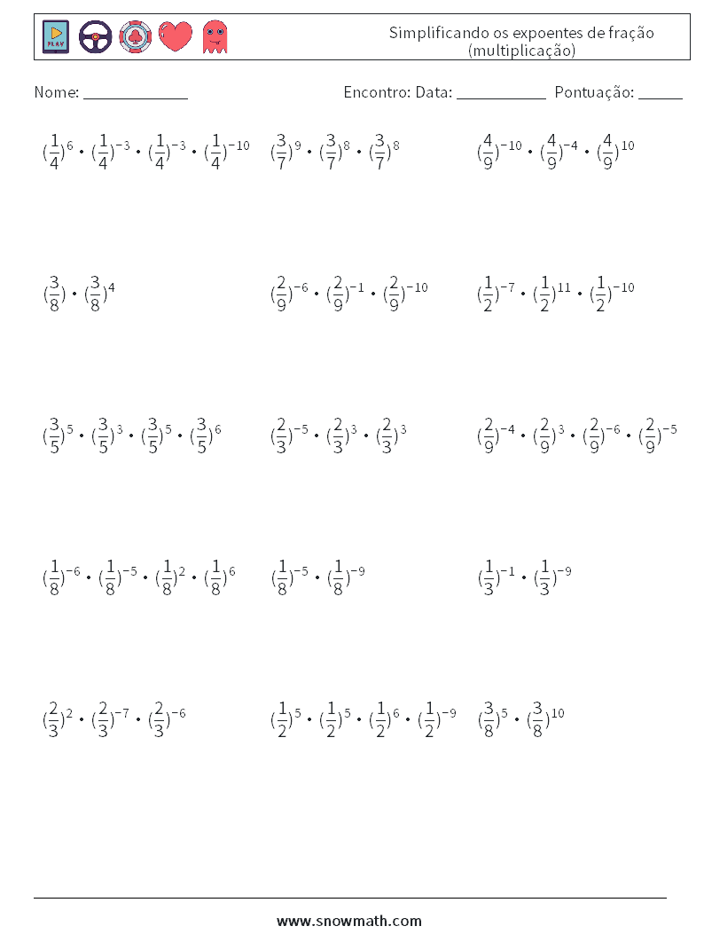 Simplificando os expoentes de fração (multiplicação) planilhas matemáticas 5