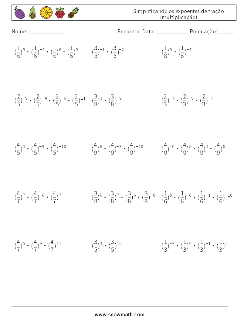 Simplificando os expoentes de fração (multiplicação) planilhas matemáticas 6