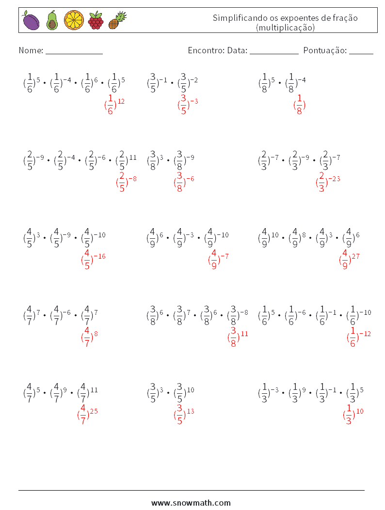 Simplificando os expoentes de fração (multiplicação) planilhas matemáticas 6 Pergunta, Resposta