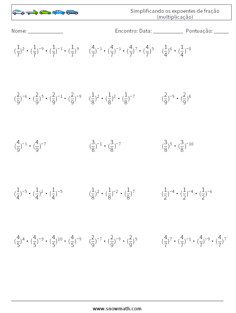 Simplificando os expoentes de fração (multiplicação) planilhas matemáticas 7