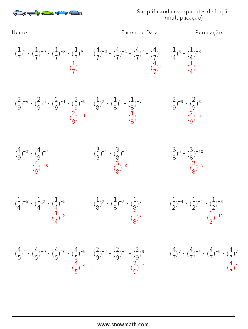 Simplificando os expoentes de fração (multiplicação) planilhas matemáticas 7 Pergunta, Resposta