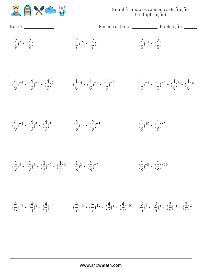 Simplificando os expoentes de fração (multiplicação) planilhas matemáticas 8