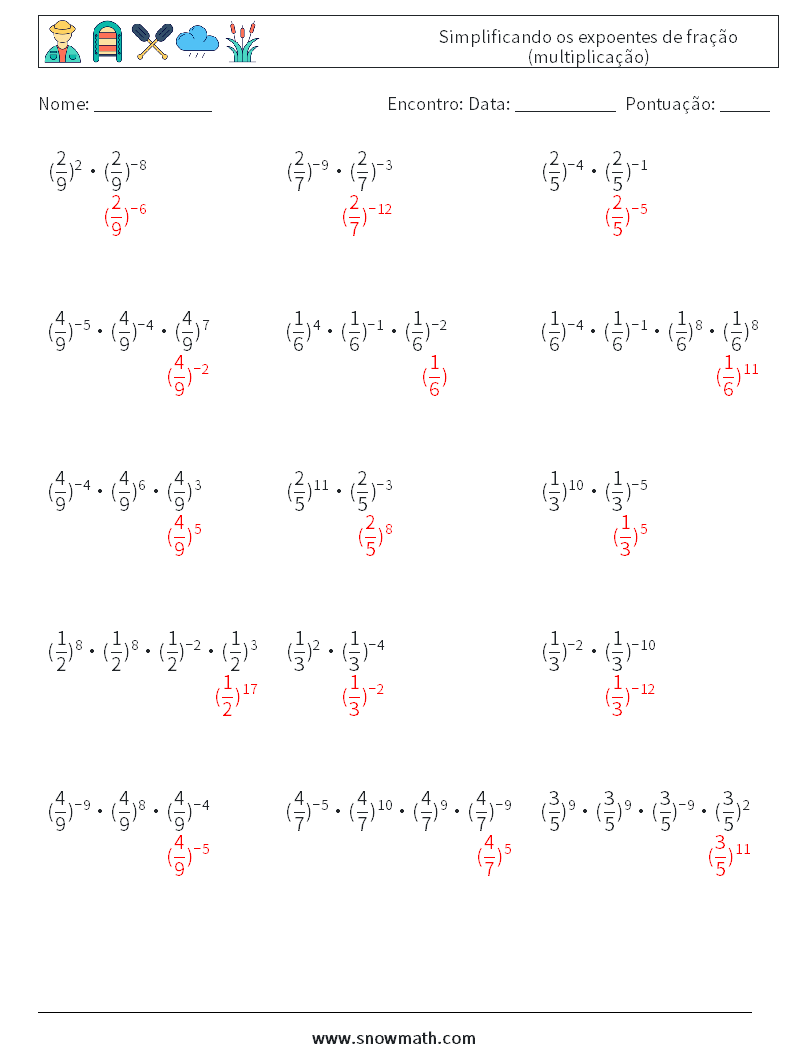 Simplificando os expoentes de fração (multiplicação) planilhas matemáticas 8 Pergunta, Resposta