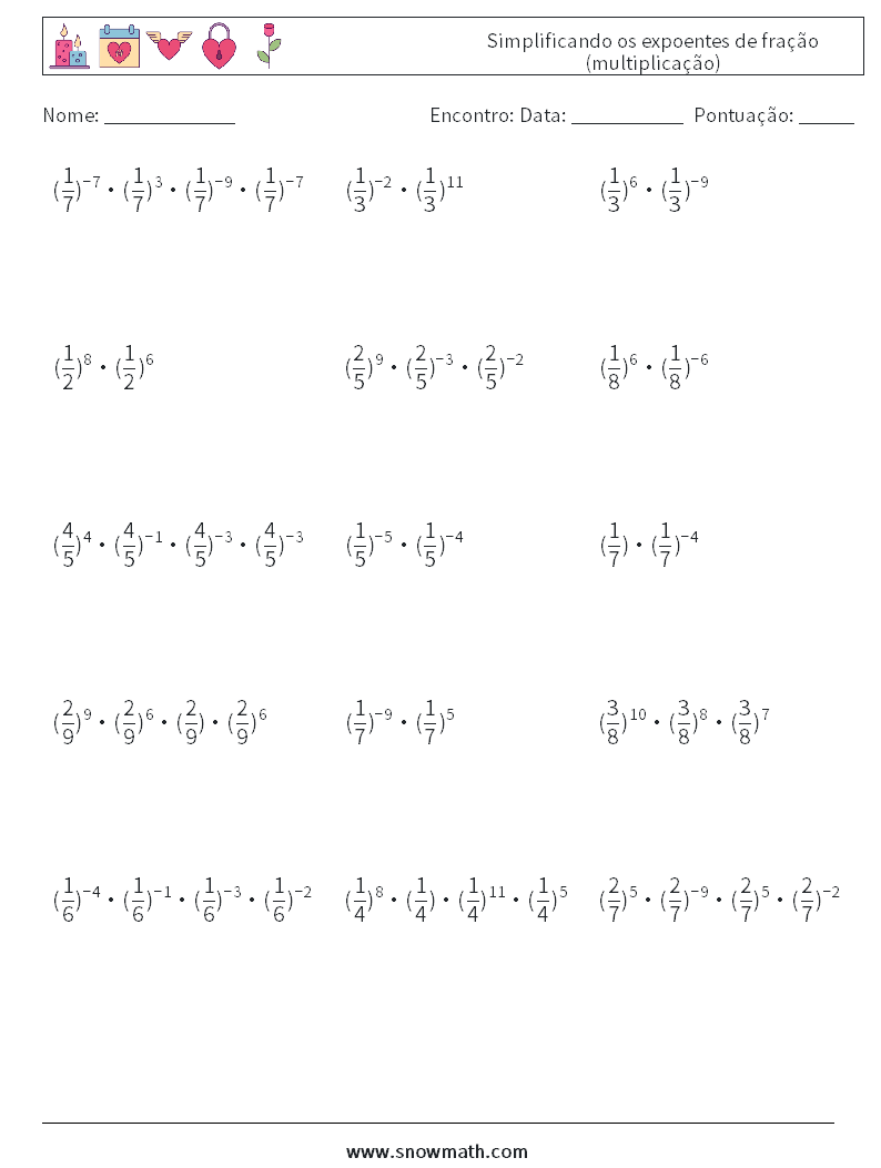 Simplificando os expoentes de fração (multiplicação) planilhas matemáticas 9