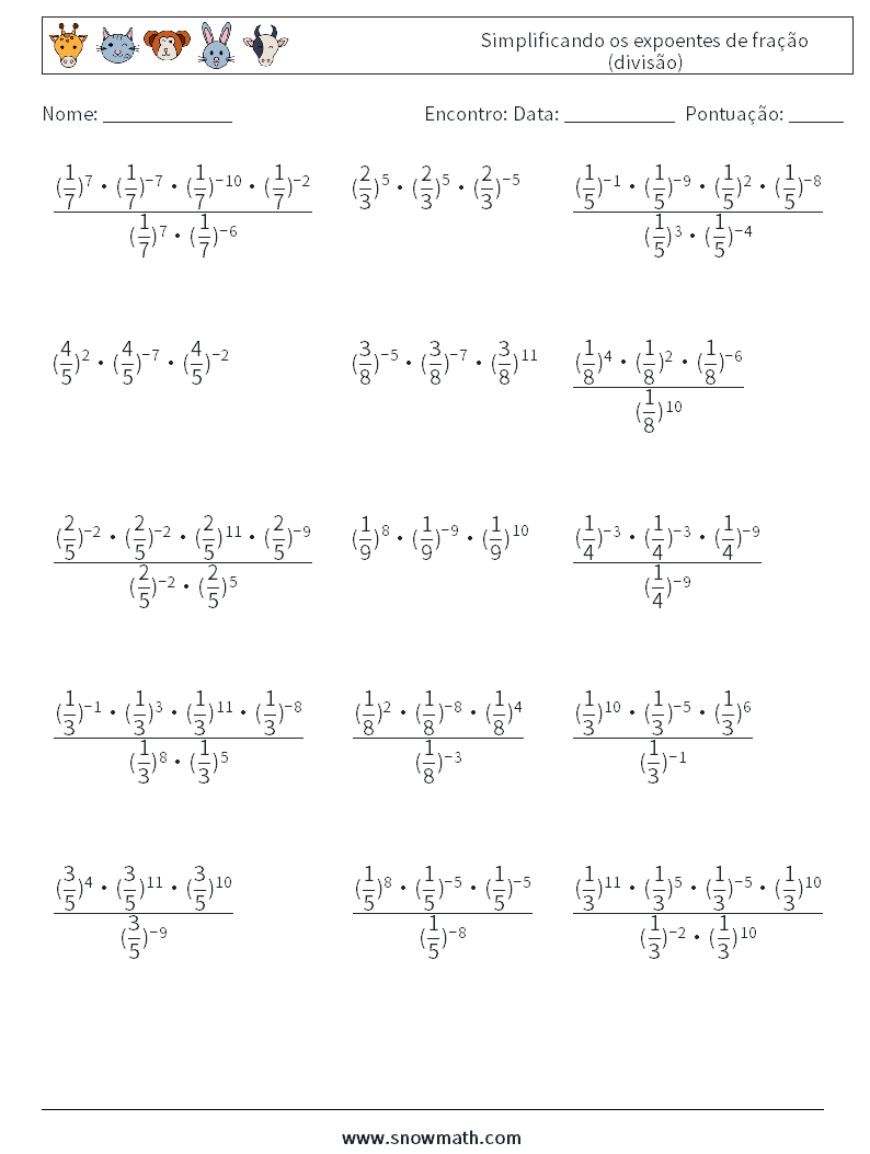 Simplificando os expoentes de fração (divisão) planilhas matemáticas 1