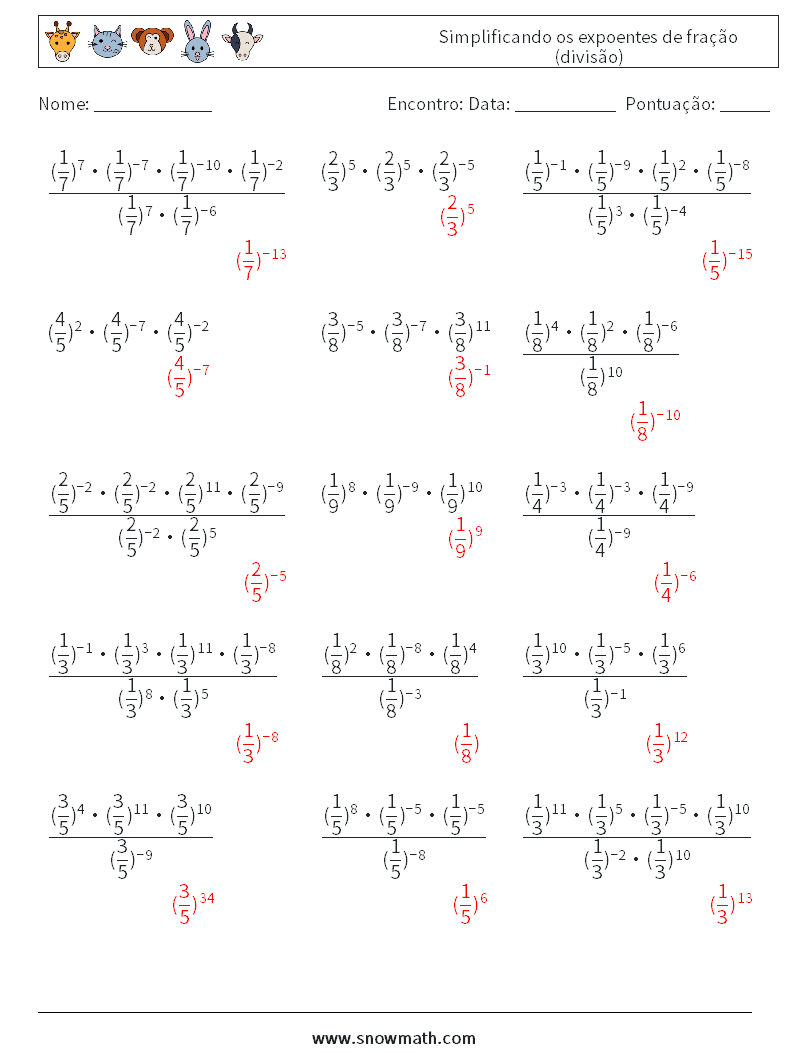 Simplificando os expoentes de fração (divisão) planilhas matemáticas 1 Pergunta, Resposta