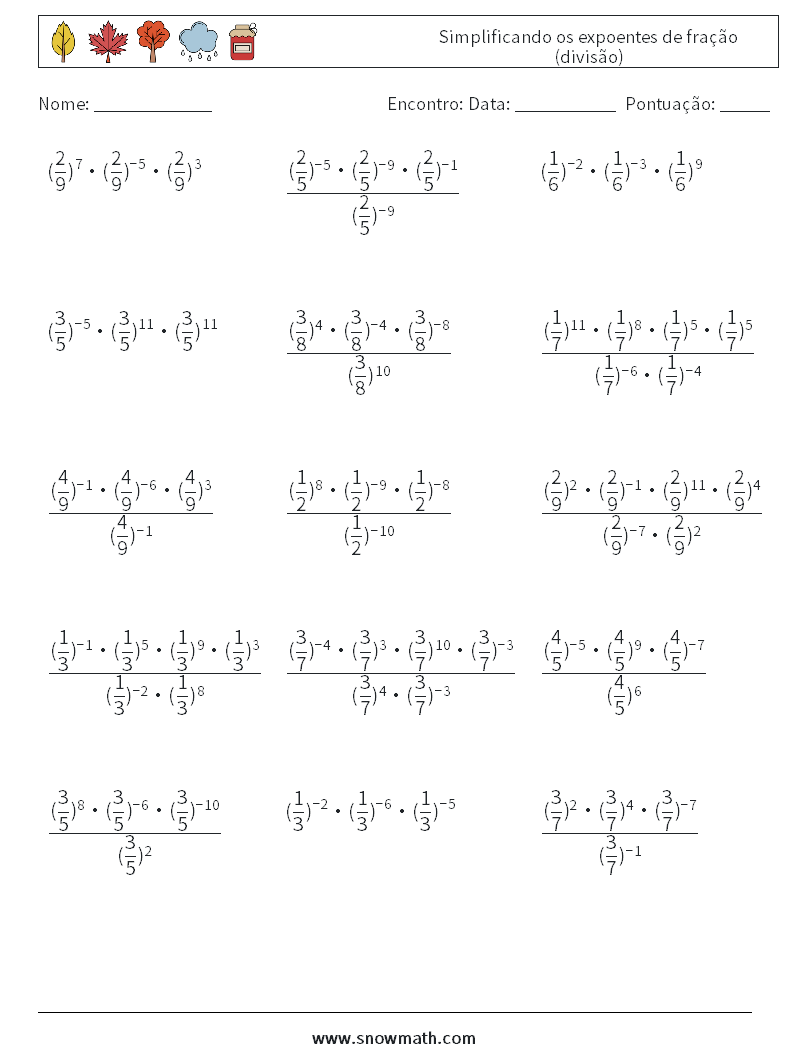 Simplificando os expoentes de fração (divisão) planilhas matemáticas 2