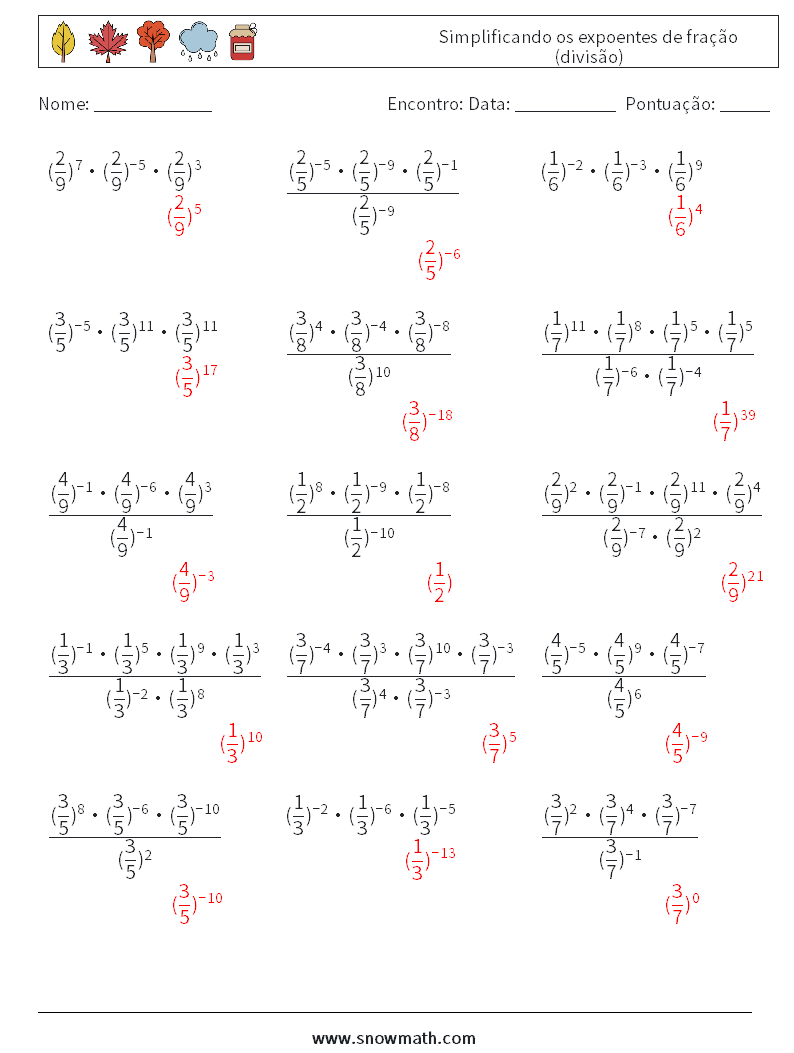 Simplificando os expoentes de fração (divisão) planilhas matemáticas 2 Pergunta, Resposta