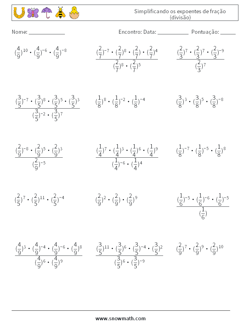 Simplificando os expoentes de fração (divisão) planilhas matemáticas 3