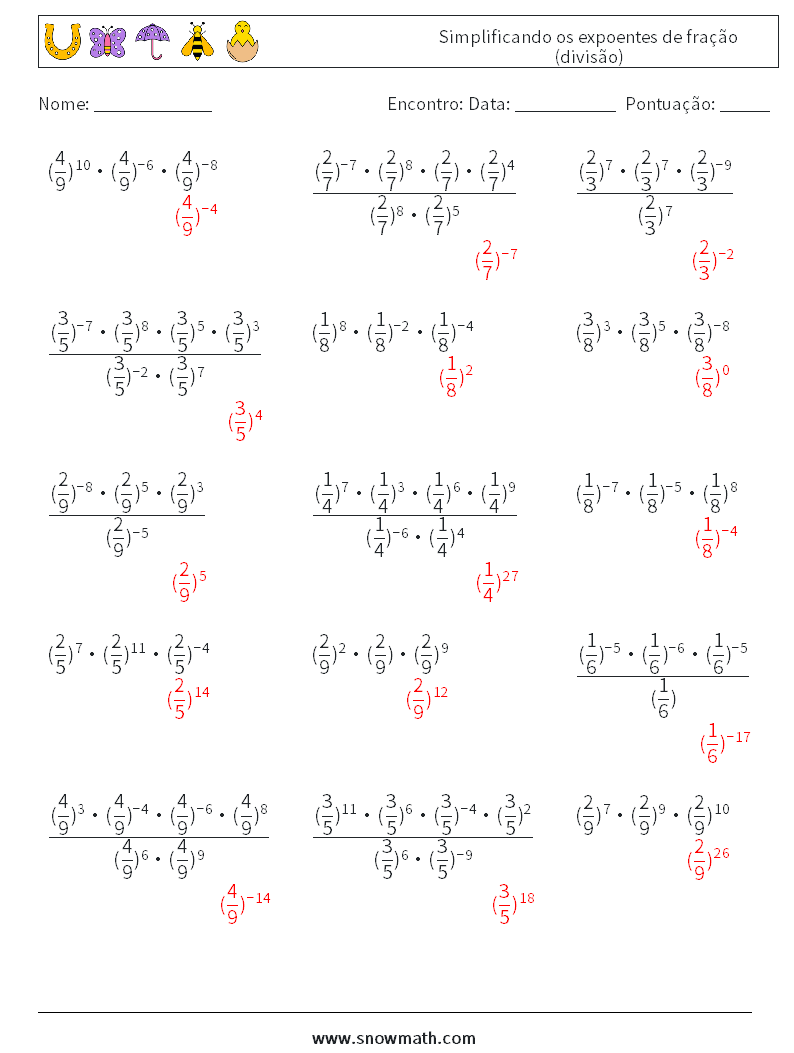 Simplificando os expoentes de fração (divisão) planilhas matemáticas 3 Pergunta, Resposta