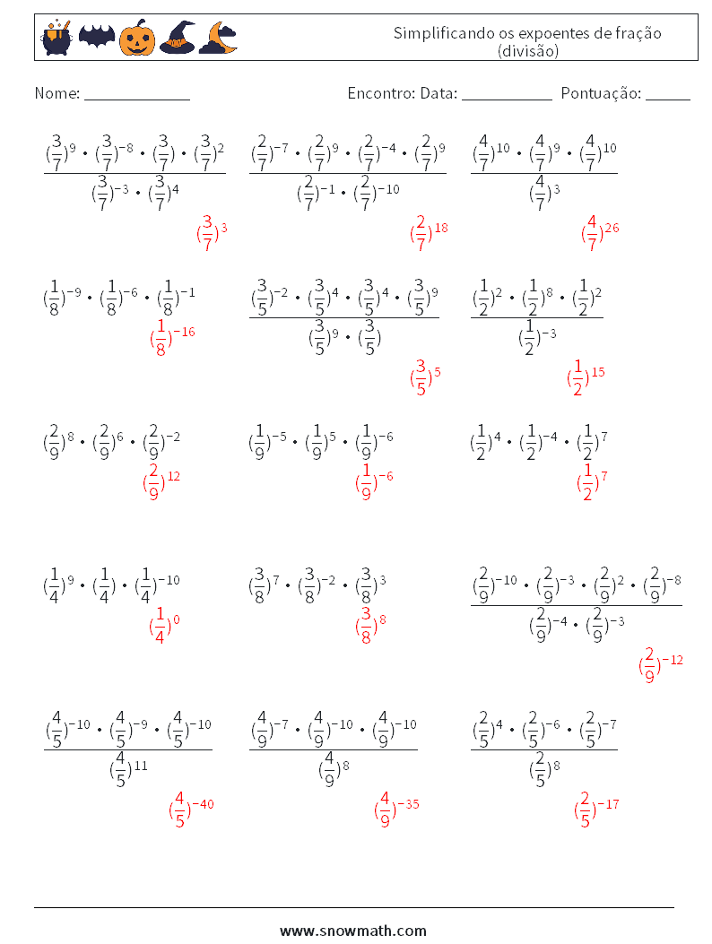 Simplificando os expoentes de fração (divisão) planilhas matemáticas 4 Pergunta, Resposta