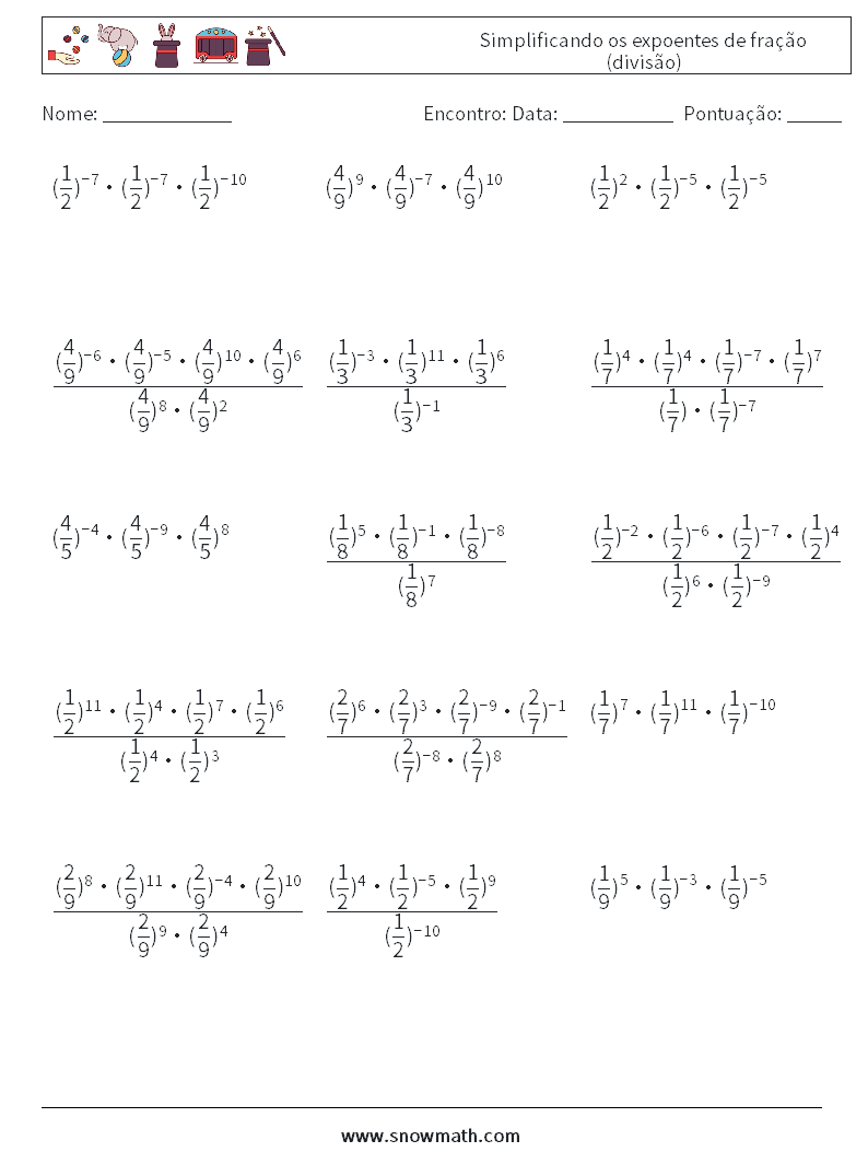 Simplificando os expoentes de fração (divisão) planilhas matemáticas 5