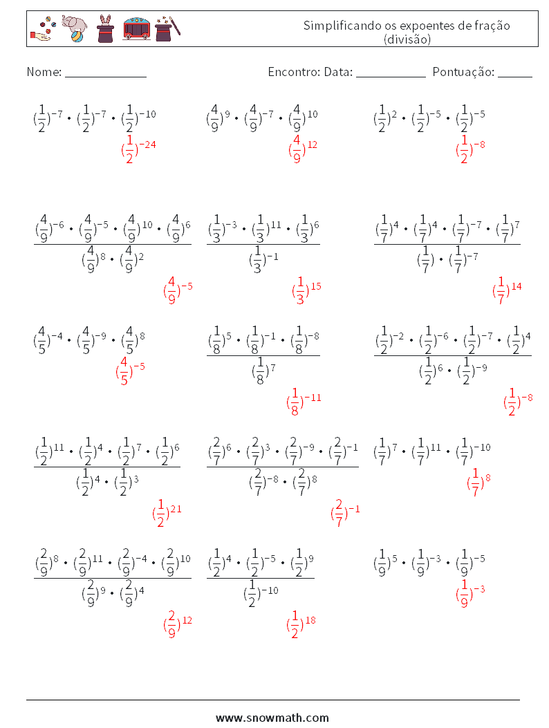 Simplificando os expoentes de fração (divisão) planilhas matemáticas 5 Pergunta, Resposta