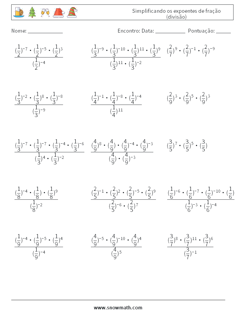 Simplificando os expoentes de fração (divisão) planilhas matemáticas 6