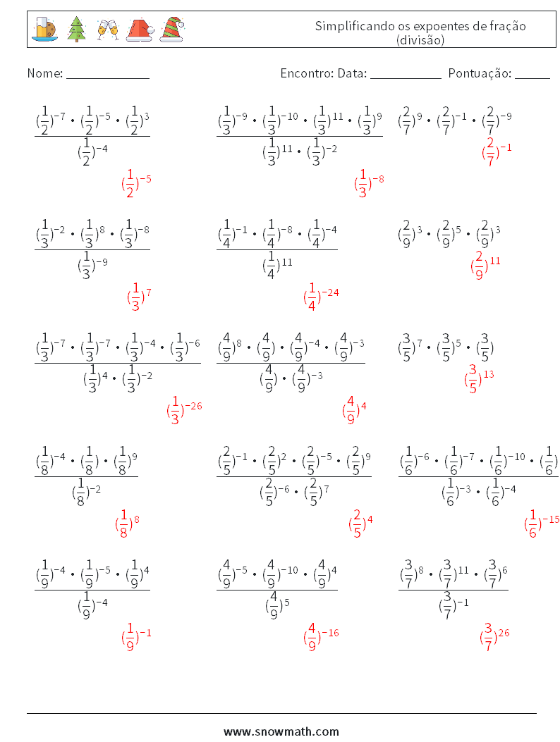 Simplificando os expoentes de fração (divisão) planilhas matemáticas 6 Pergunta, Resposta