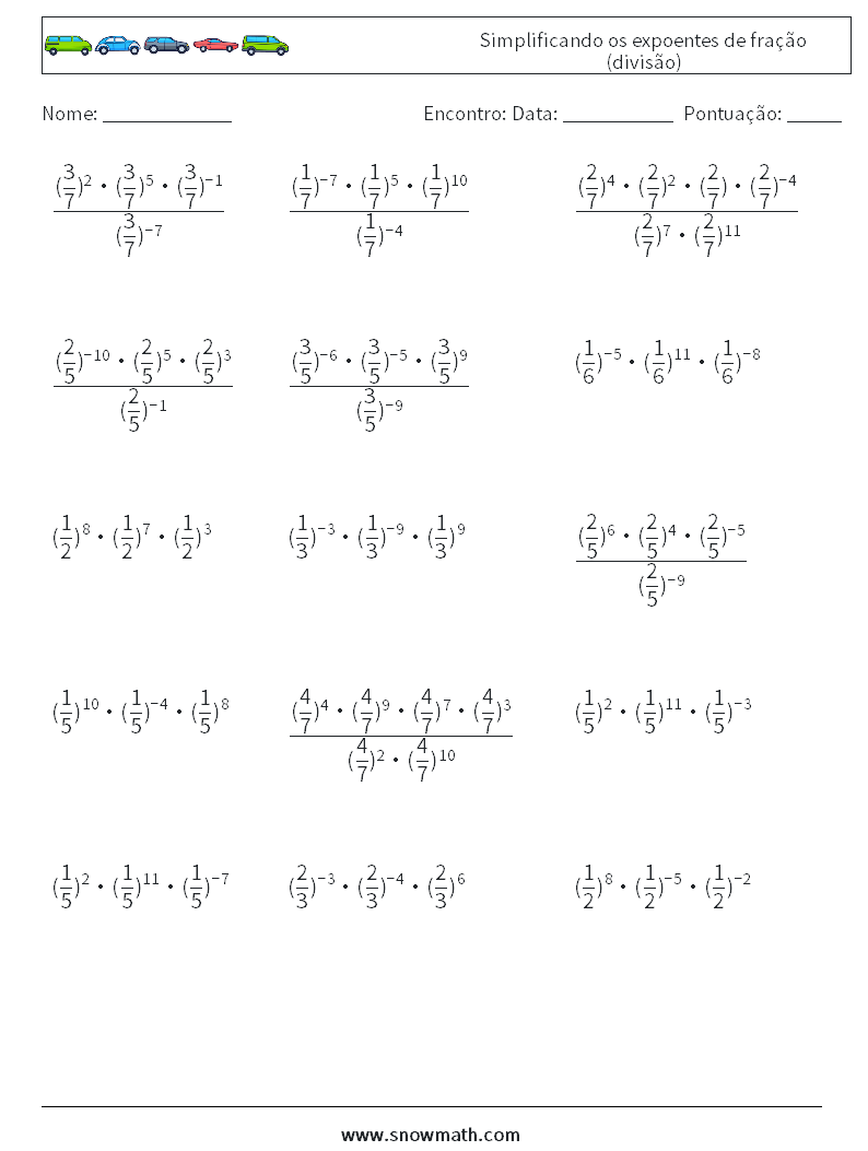 Simplificando os expoentes de fração (divisão) planilhas matemáticas 7