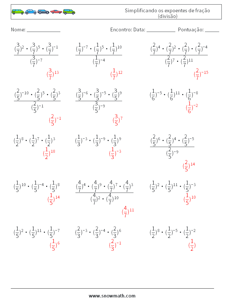 Simplificando os expoentes de fração (divisão) planilhas matemáticas 7 Pergunta, Resposta