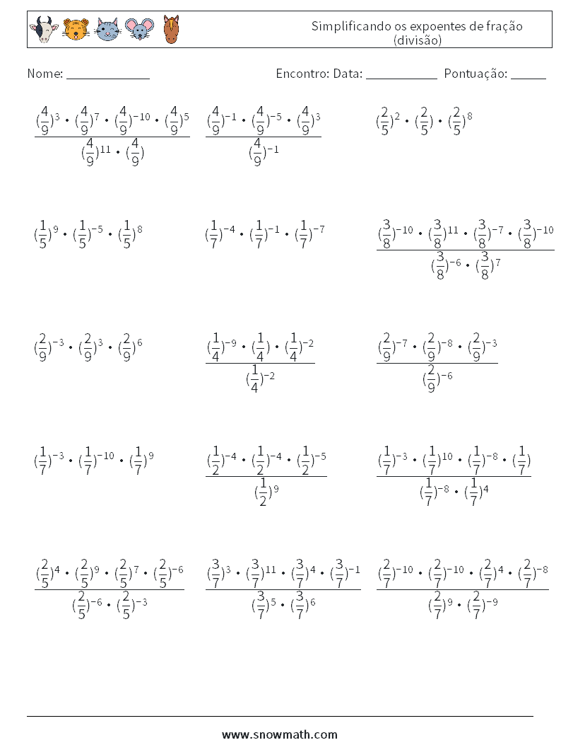 Simplificando os expoentes de fração (divisão) planilhas matemáticas 8