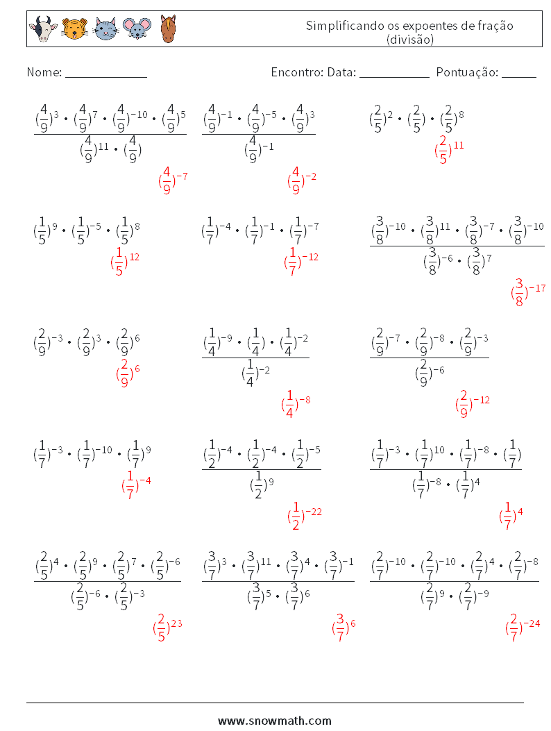 Simplificando os expoentes de fração (divisão) planilhas matemáticas 8 Pergunta, Resposta