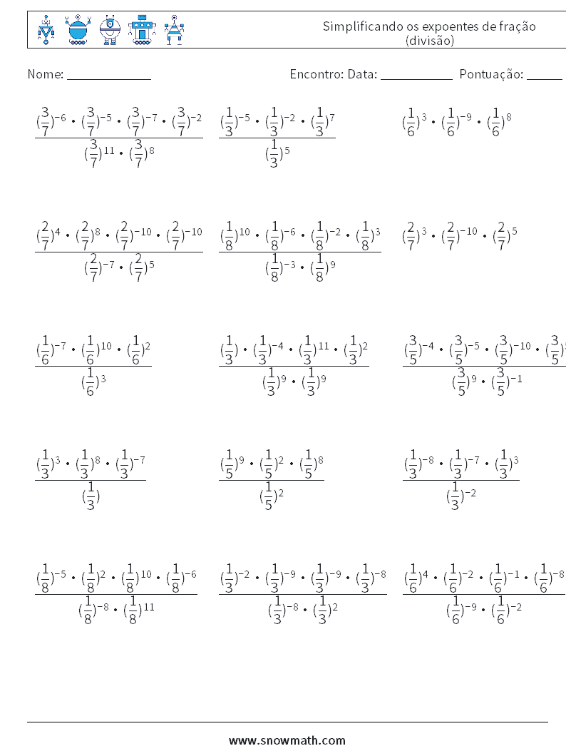 Simplificando os expoentes de fração (divisão) planilhas matemáticas 9