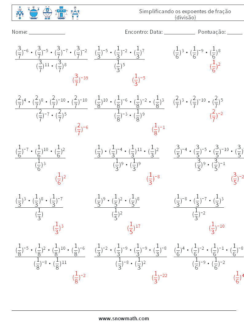 Simplificando os expoentes de fração (divisão) planilhas matemáticas 9 Pergunta, Resposta