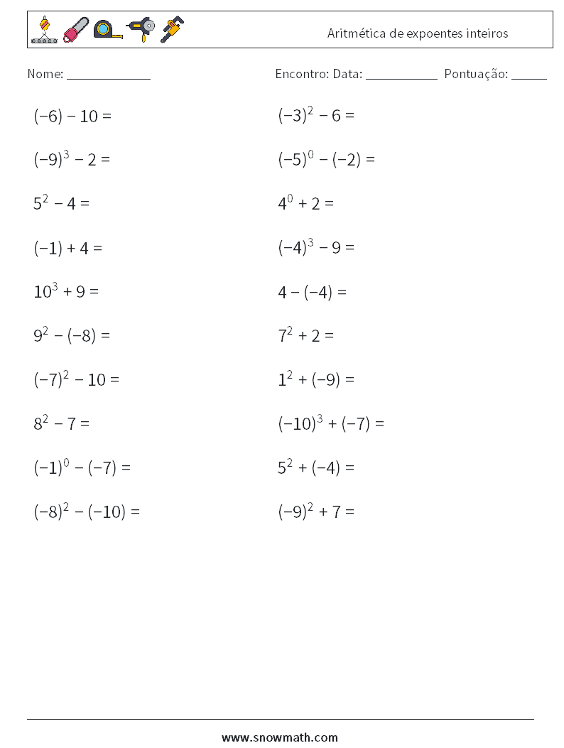 Aritmética de expoentes inteiros planilhas matemáticas 2