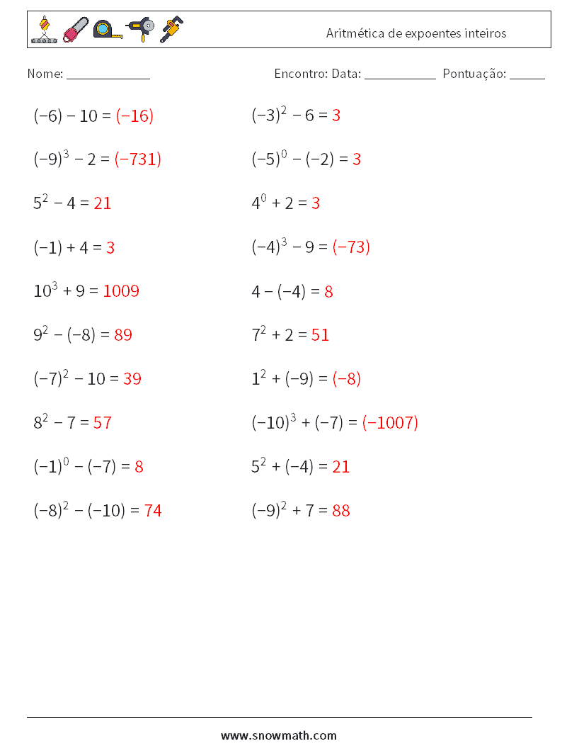 Aritmética de expoentes inteiros planilhas matemáticas 2 Pergunta, Resposta