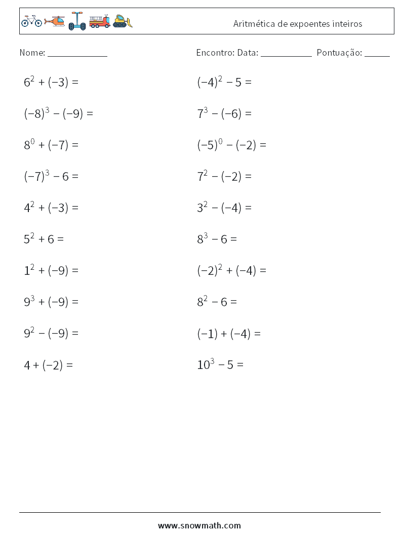 Aritmética de expoentes inteiros planilhas matemáticas 3