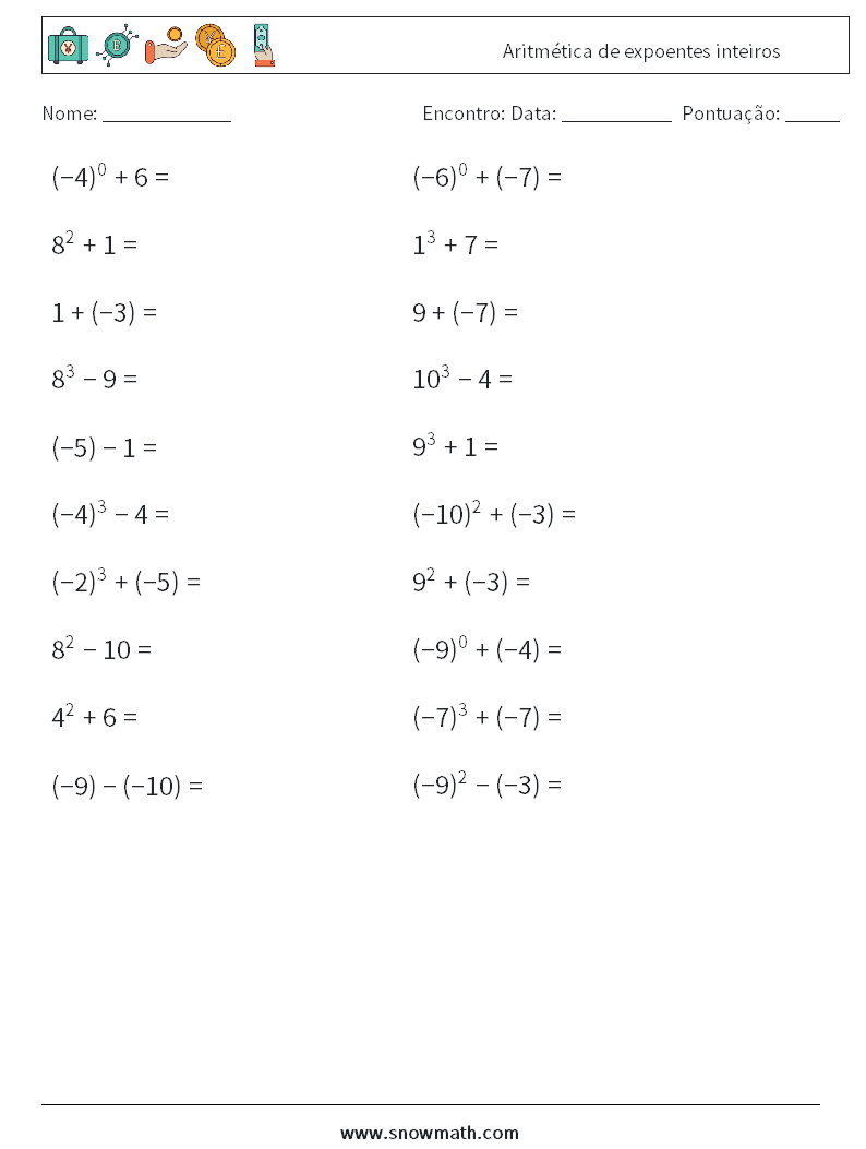 Aritmética de expoentes inteiros planilhas matemáticas 5