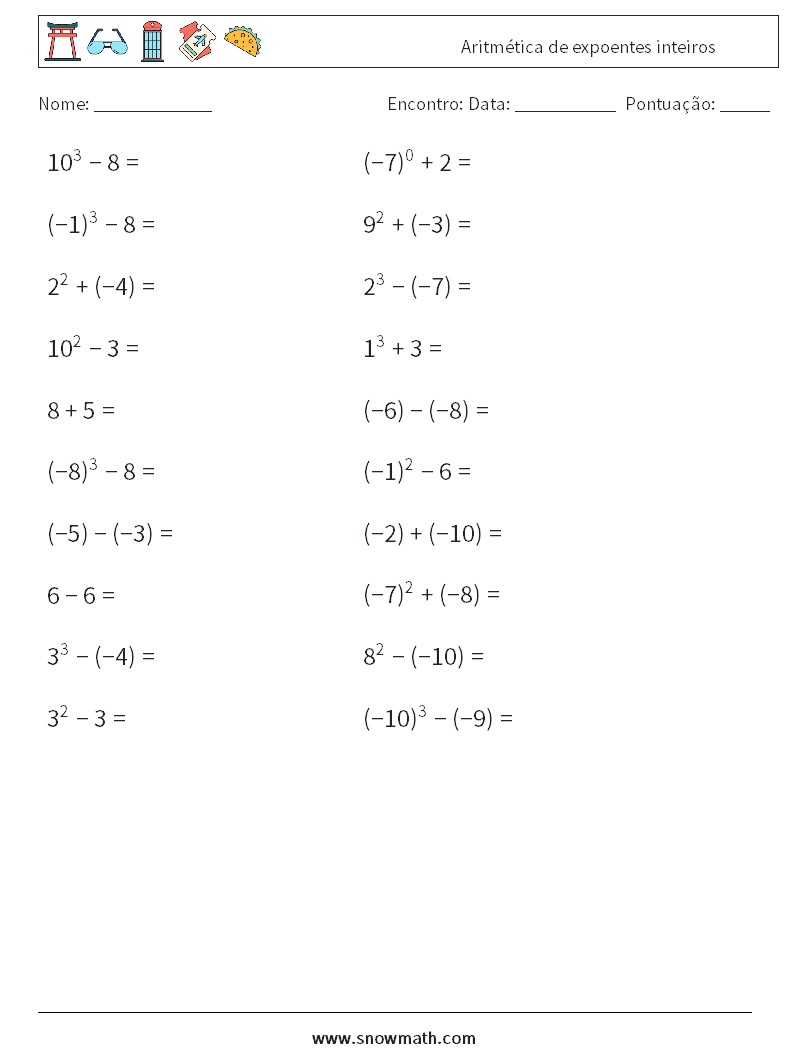 Aritmética de expoentes inteiros planilhas matemáticas 6