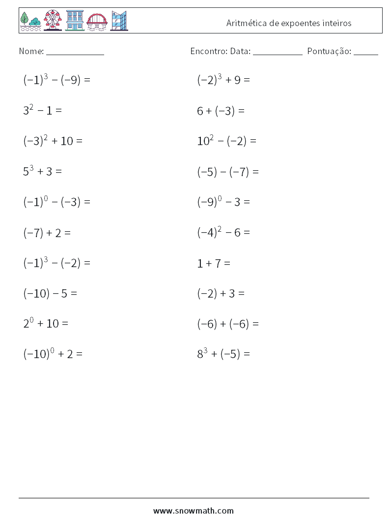 Aritmética de expoentes inteiros planilhas matemáticas 9