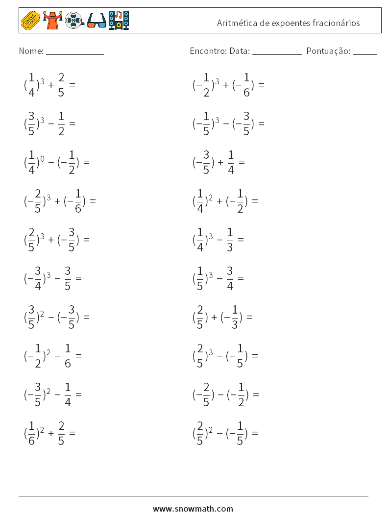 Aritmética de expoentes fracionários planilhas matemáticas 1