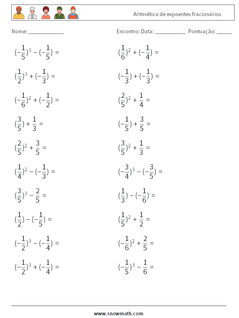 Aritmética de expoentes fracionários planilhas matemáticas 2