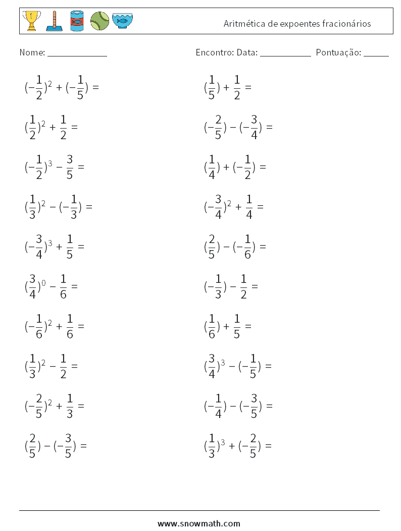 Aritmética de expoentes fracionários planilhas matemáticas 3