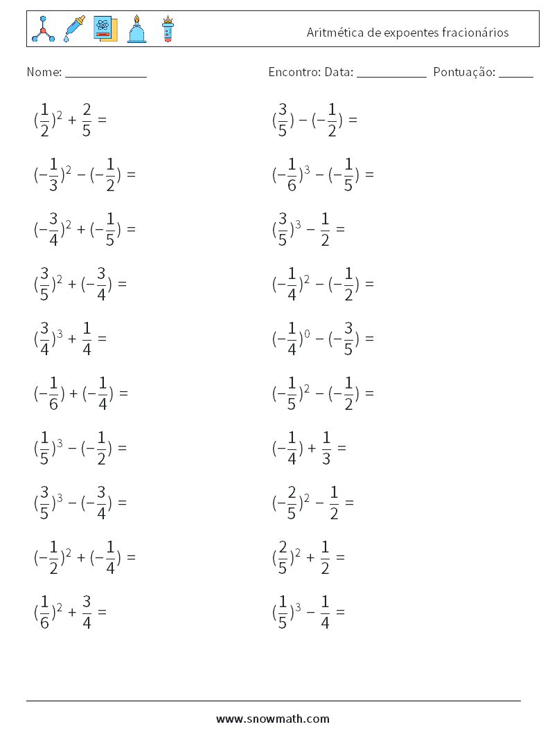 Aritmética de expoentes fracionários planilhas matemáticas 4