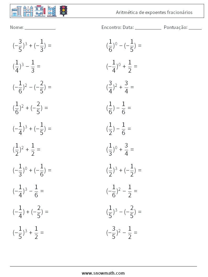 Aritmética de expoentes fracionários planilhas matemáticas 5