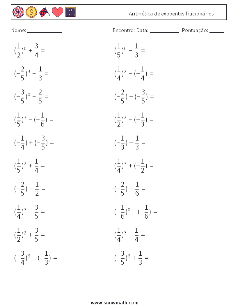 Aritmética de expoentes fracionários planilhas matemáticas 6