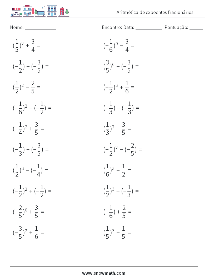 Aritmética de expoentes fracionários planilhas matemáticas 7