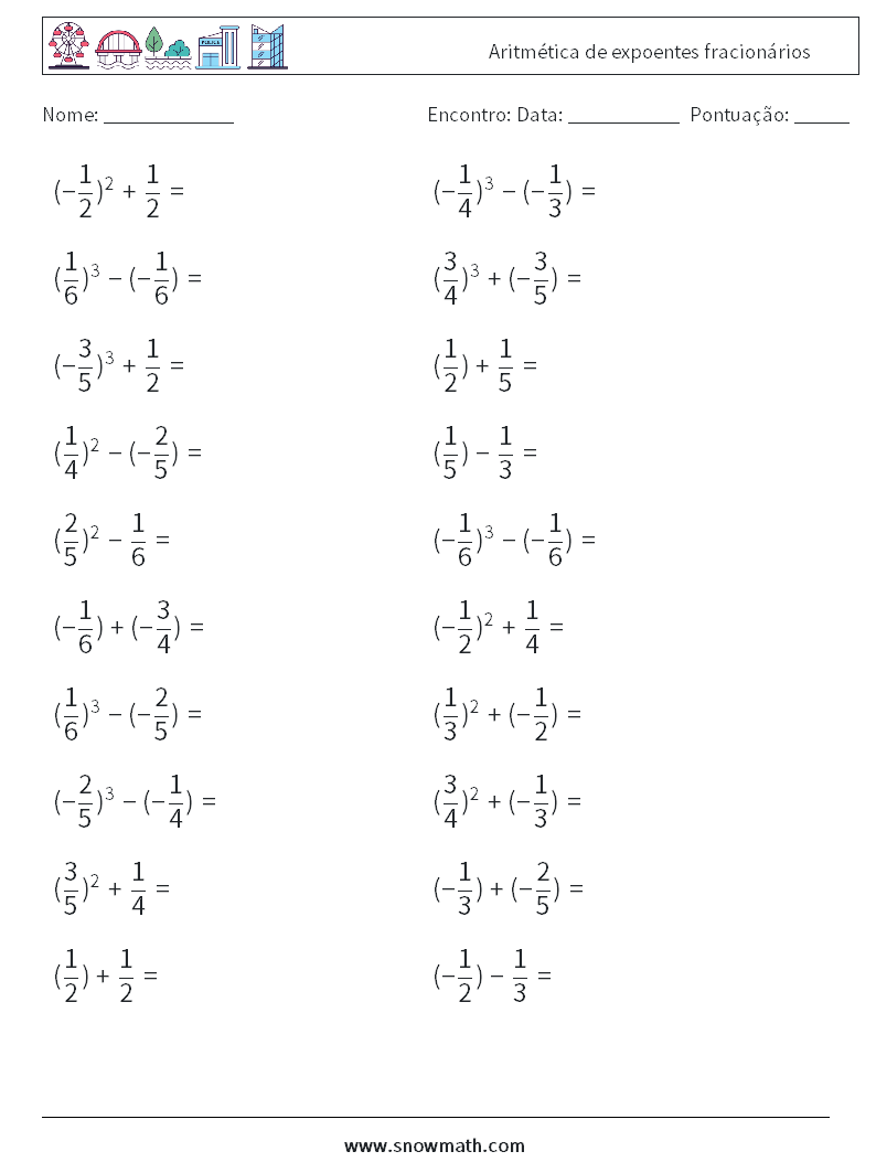 Aritmética de expoentes fracionários planilhas matemáticas 8