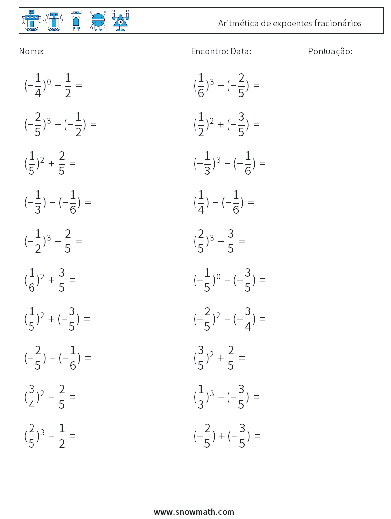 Aritmética de expoentes fracionários planilhas matemáticas 9