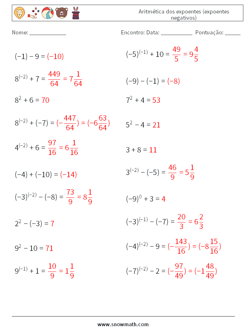  Aritmética dos expoentes (expoentes negativos) planilhas matemáticas 1 Pergunta, Resposta