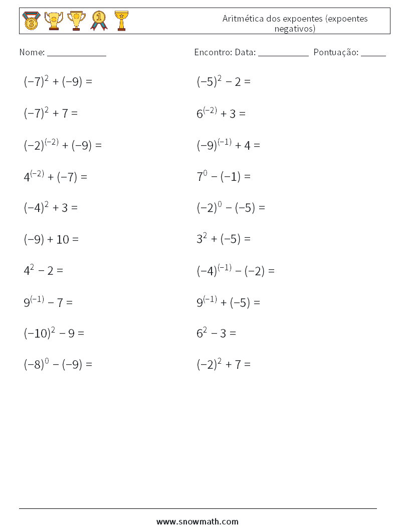  Aritmética dos expoentes (expoentes negativos) planilhas matemáticas 2