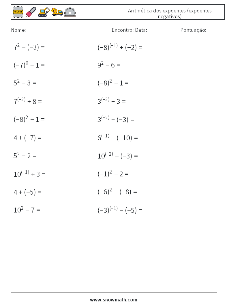  Aritmética dos expoentes (expoentes negativos) planilhas matemáticas 3
