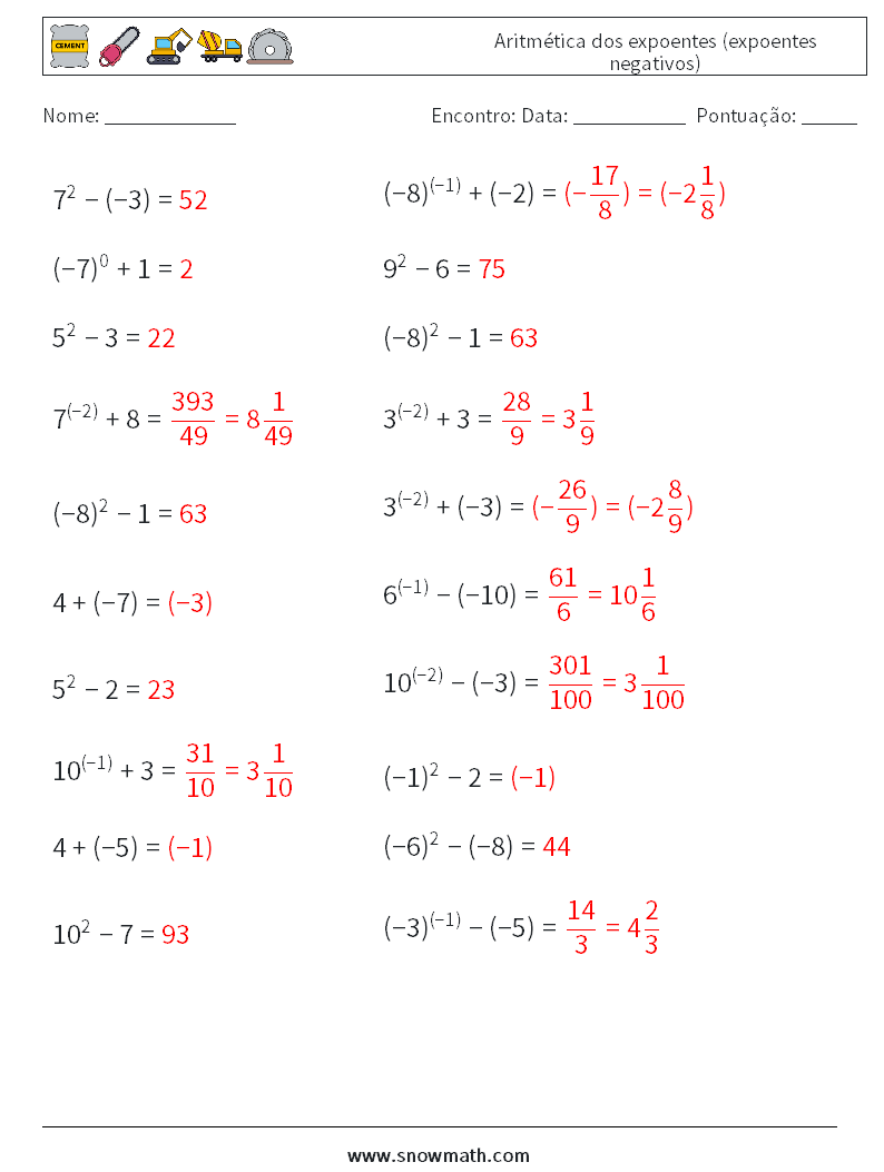  Aritmética dos expoentes (expoentes negativos) planilhas matemáticas 3 Pergunta, Resposta