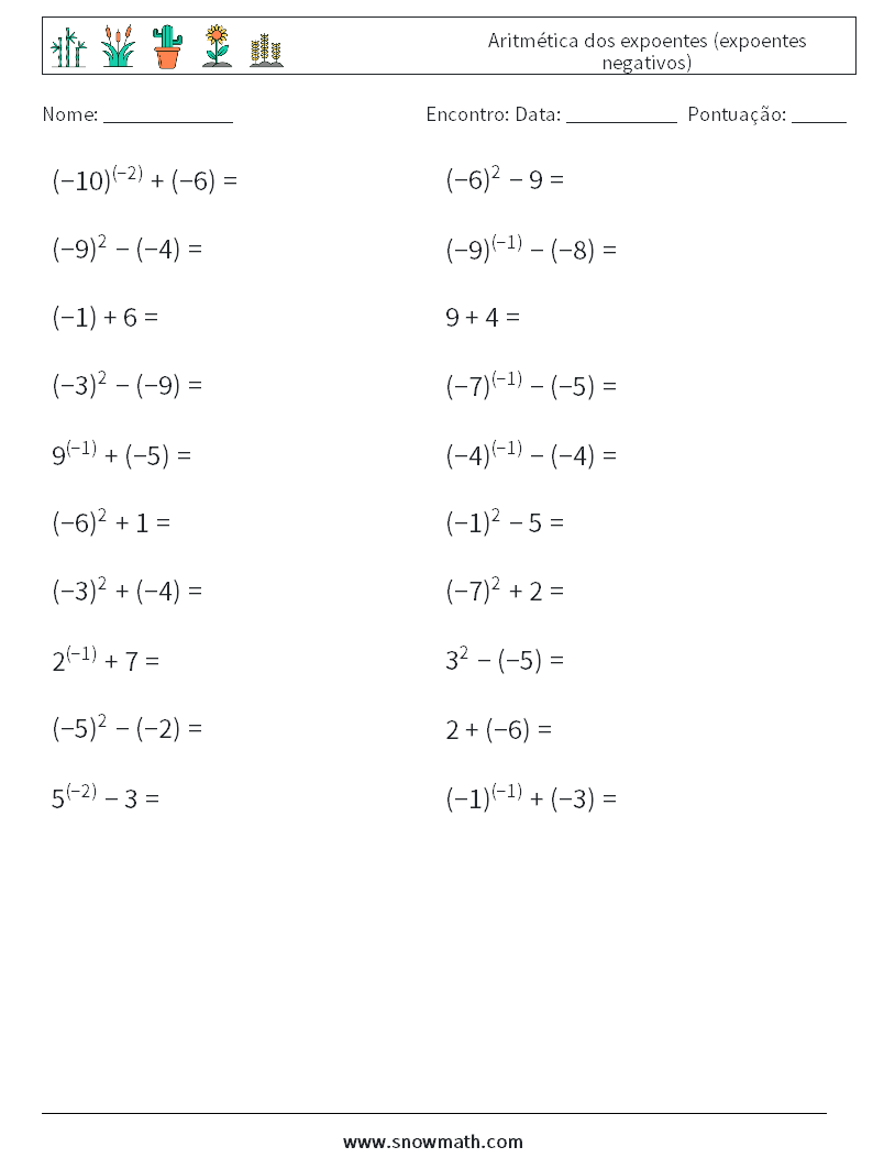  Aritmética dos expoentes (expoentes negativos) planilhas matemáticas 4