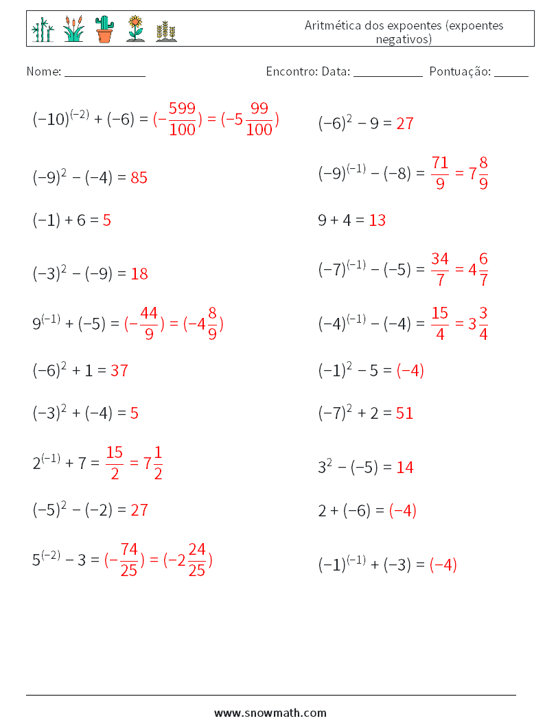  Aritmética dos expoentes (expoentes negativos) planilhas matemáticas 4 Pergunta, Resposta